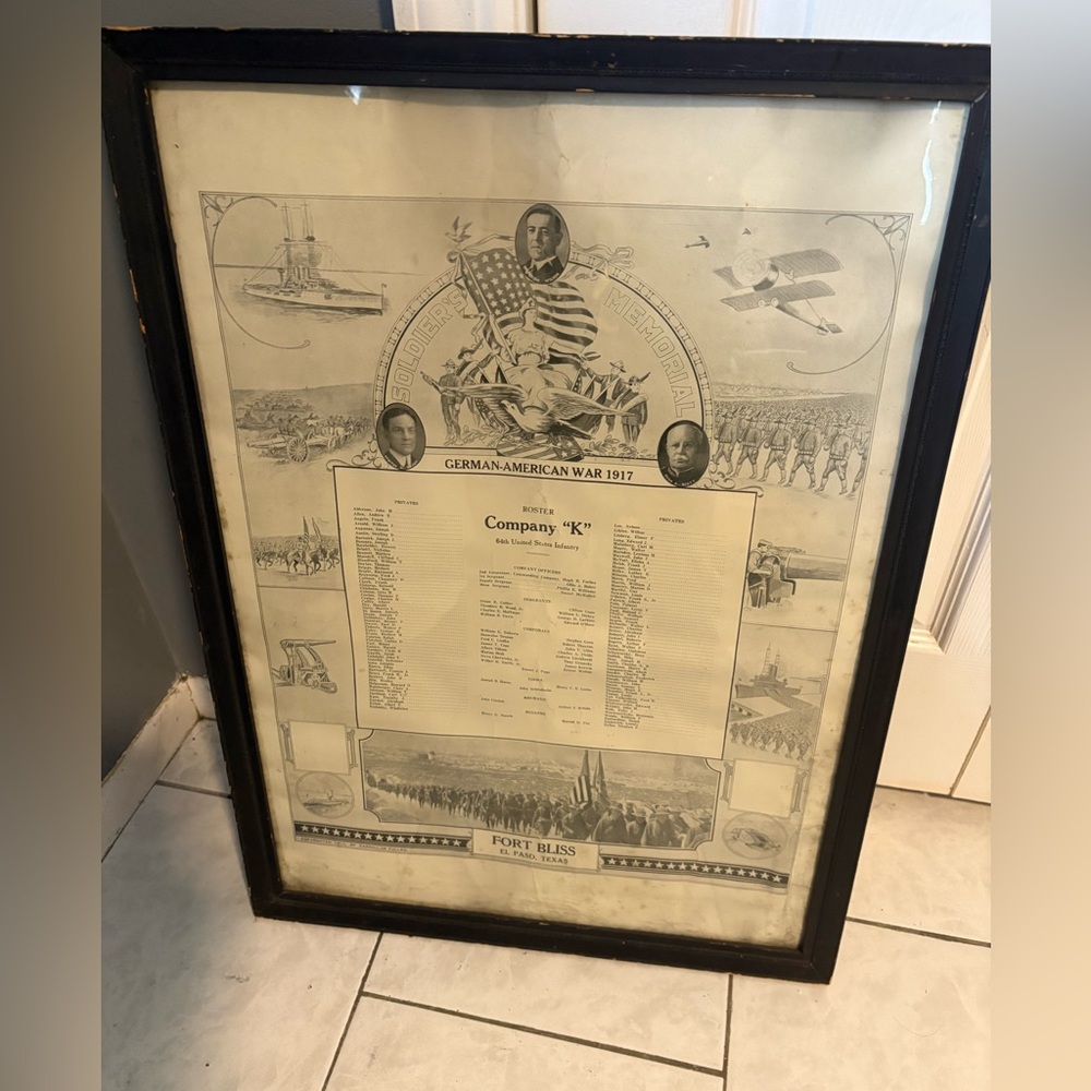 antique German American War 1917 Company "K" Roster Fort Bliss Texas framed post